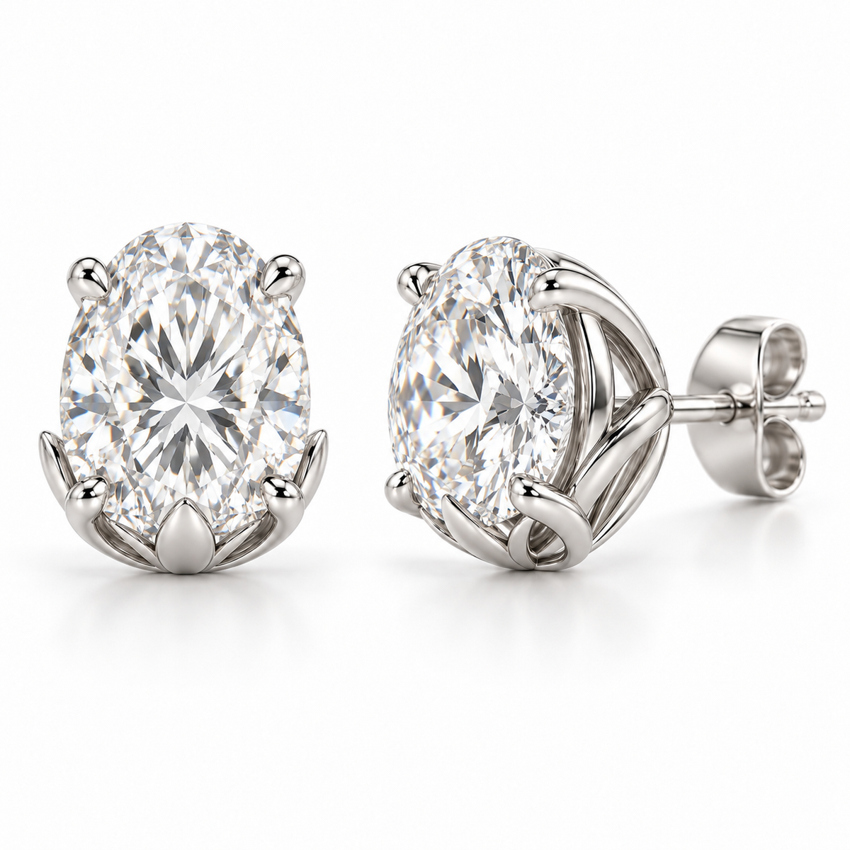 Lotus Petal lab diamond studs, Oval, 14K White Gold — front and angled pair view, illustrative design rendering