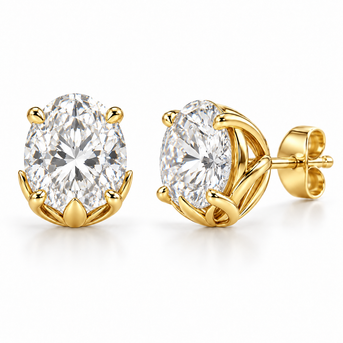 Lotus Petal lab diamond studs, Oval, 14K Yellow Gold — front and angled pair view, illustrative design rendering