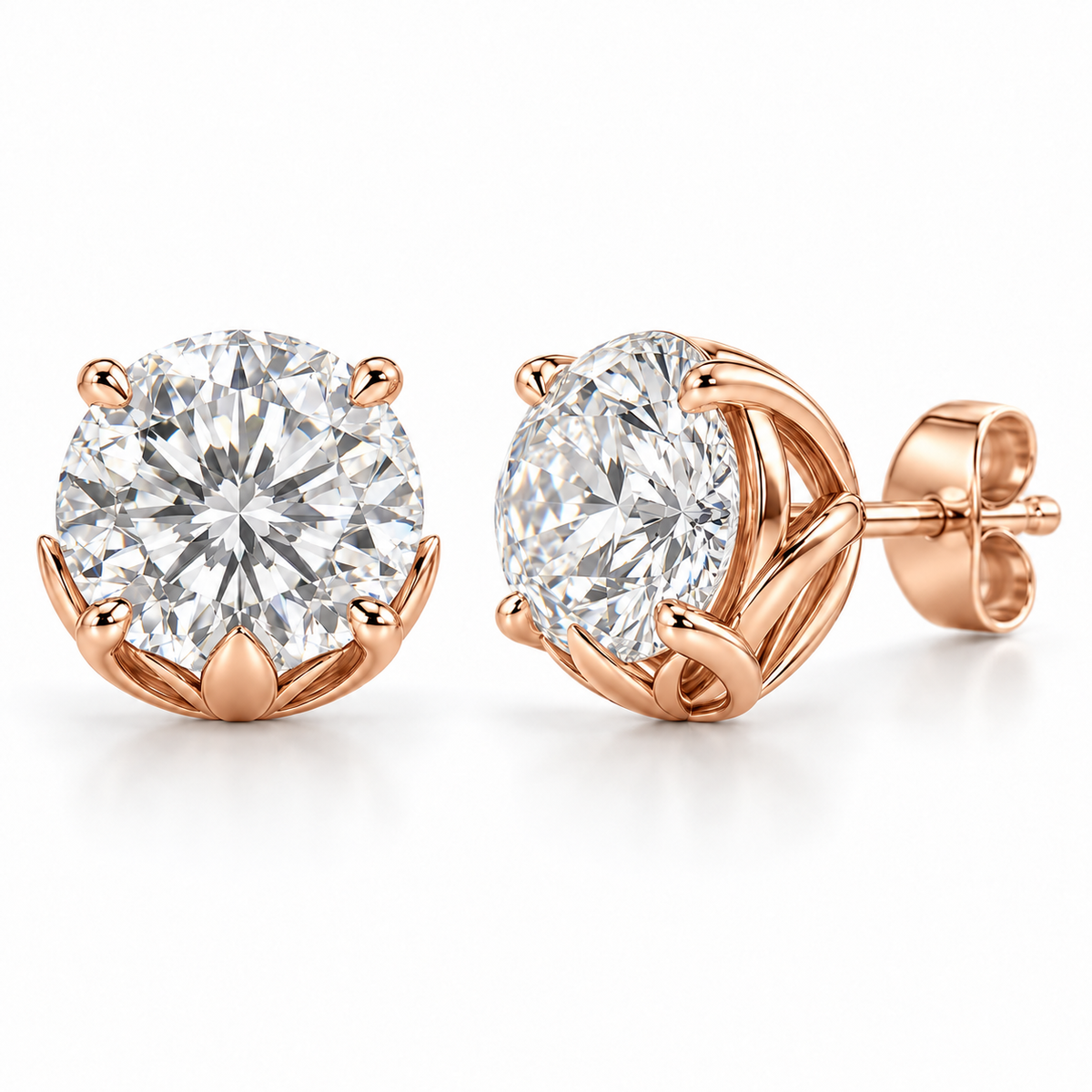 Lotus Petal lab diamond studs, Round, 14K Rose Gold — front and angled pair view, illustrative design rendering