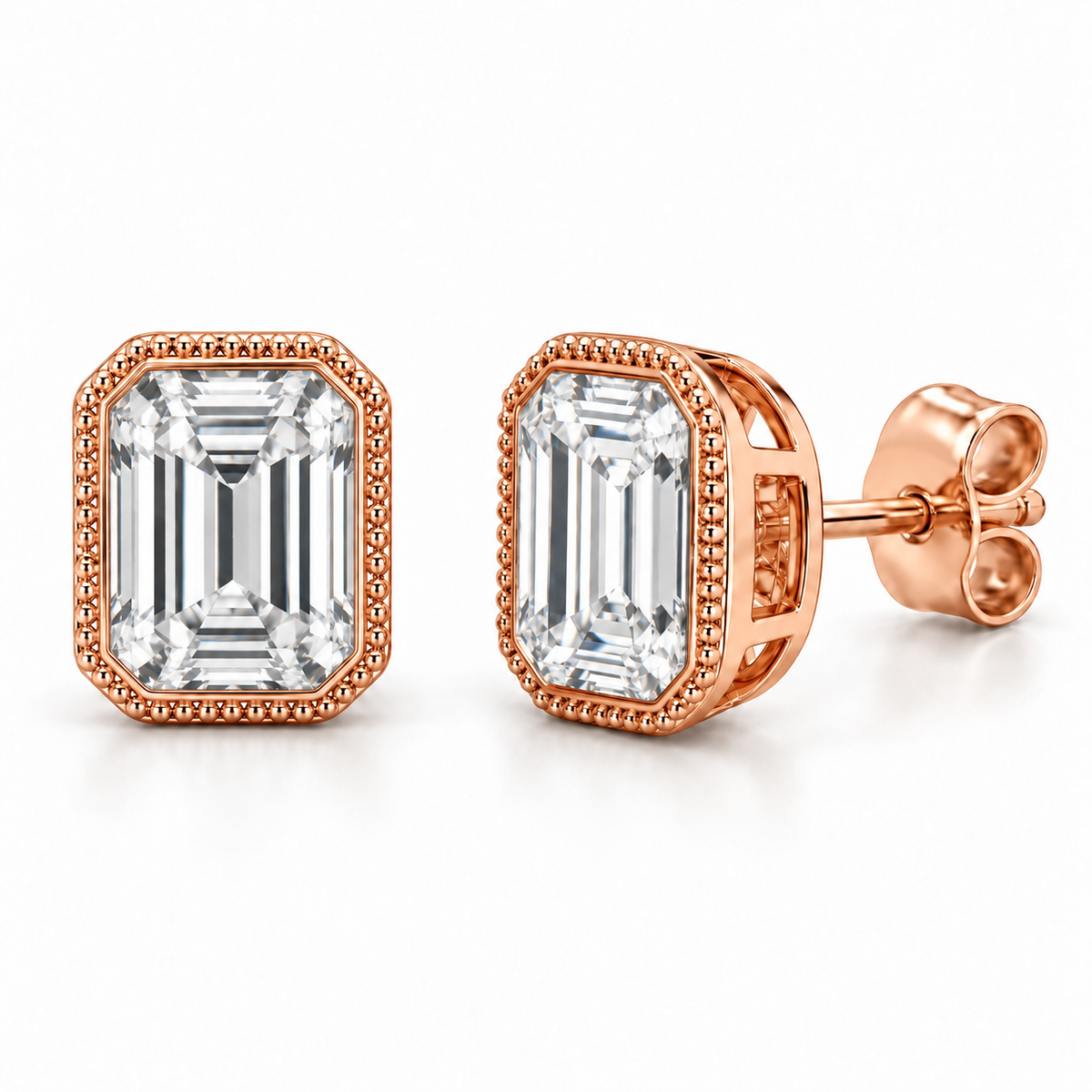 Milgrain Bezel lab diamond studs, Emerald, 14K Rose Gold — front and angled pair view, illustrative design rendering