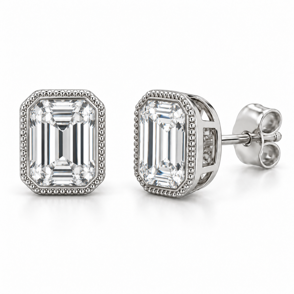 Milgrain Bezel lab diamond studs, Emerald, 14K White Gold — front and angled pair view, illustrative design rendering