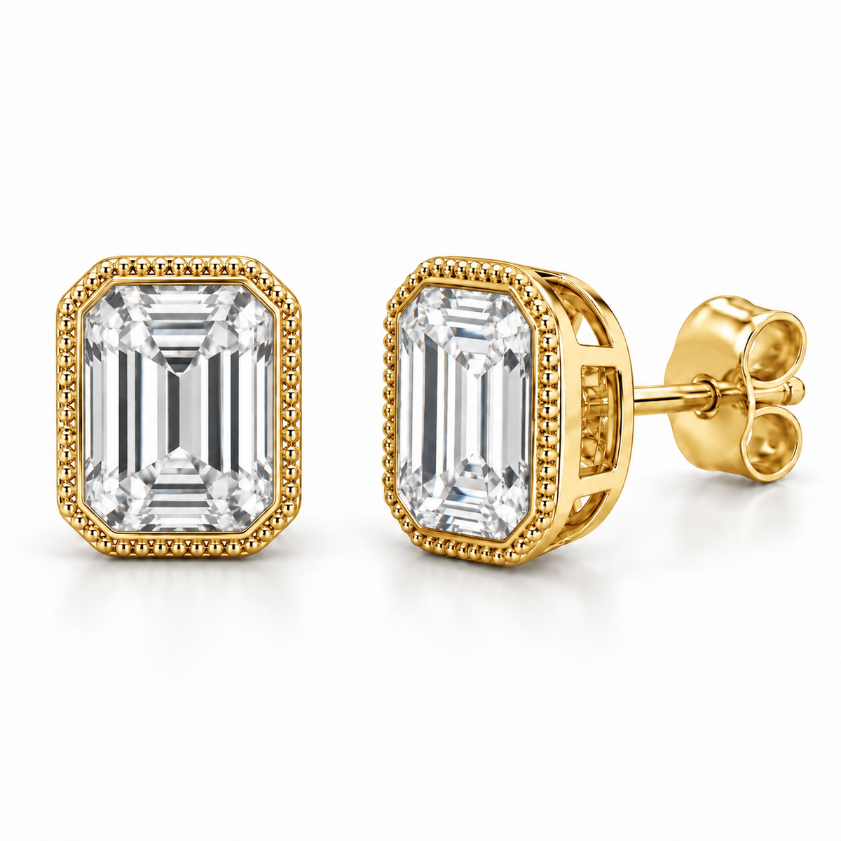 Milgrain Bezel lab diamond studs, Emerald, 14K Yellow Gold — front and angled pair view, illustrative design rendering