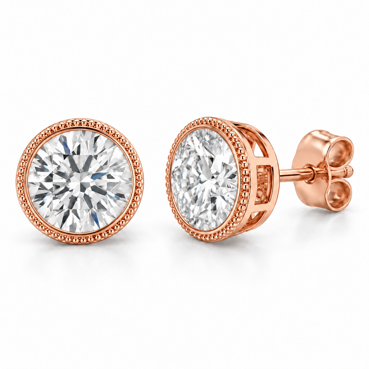 Milgrain Bezel lab diamond studs, Round, 14K Rose Gold — front and angled pair view, illustrative design rendering