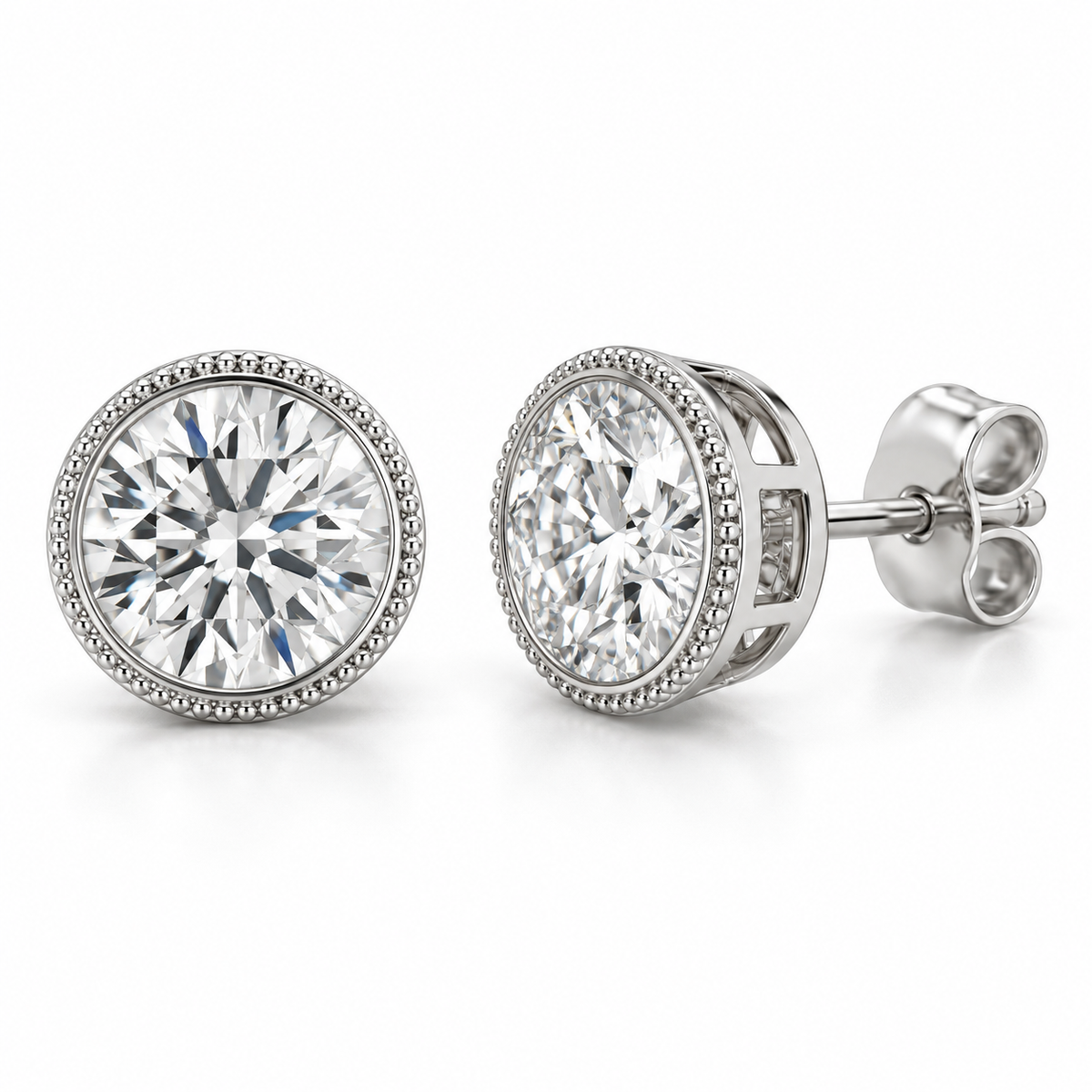 milgrain lab diamond studs, Round, 14K white gold — illustrative design rendering