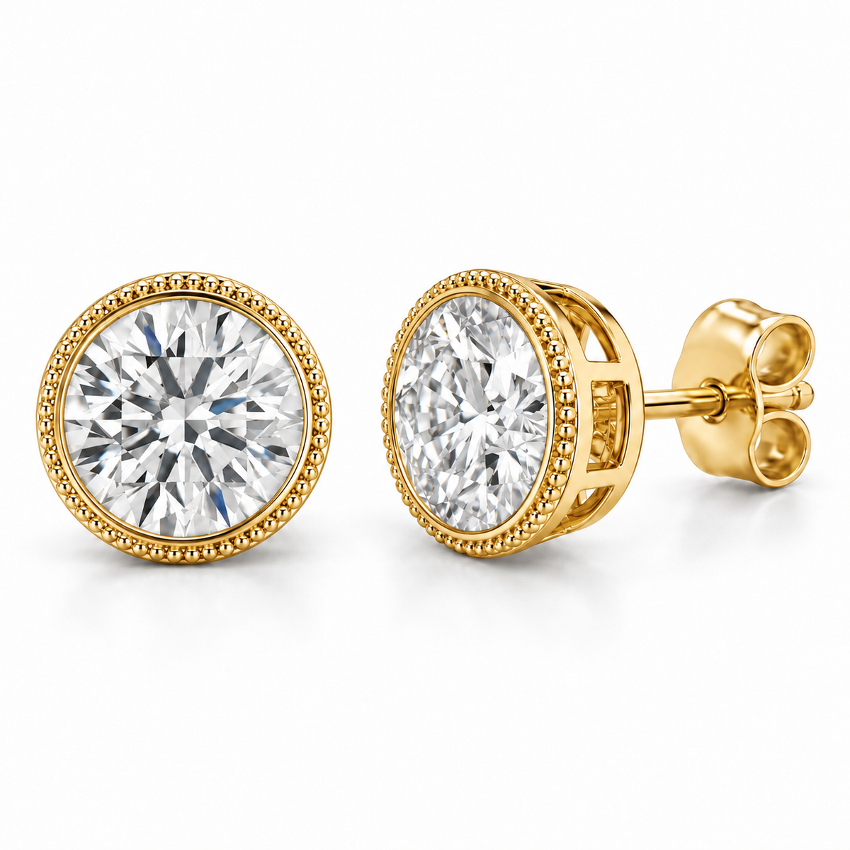 Milgrain Bezel lab diamond studs, Round, 14K Yellow Gold — front and angled pair view, illustrative design rendering