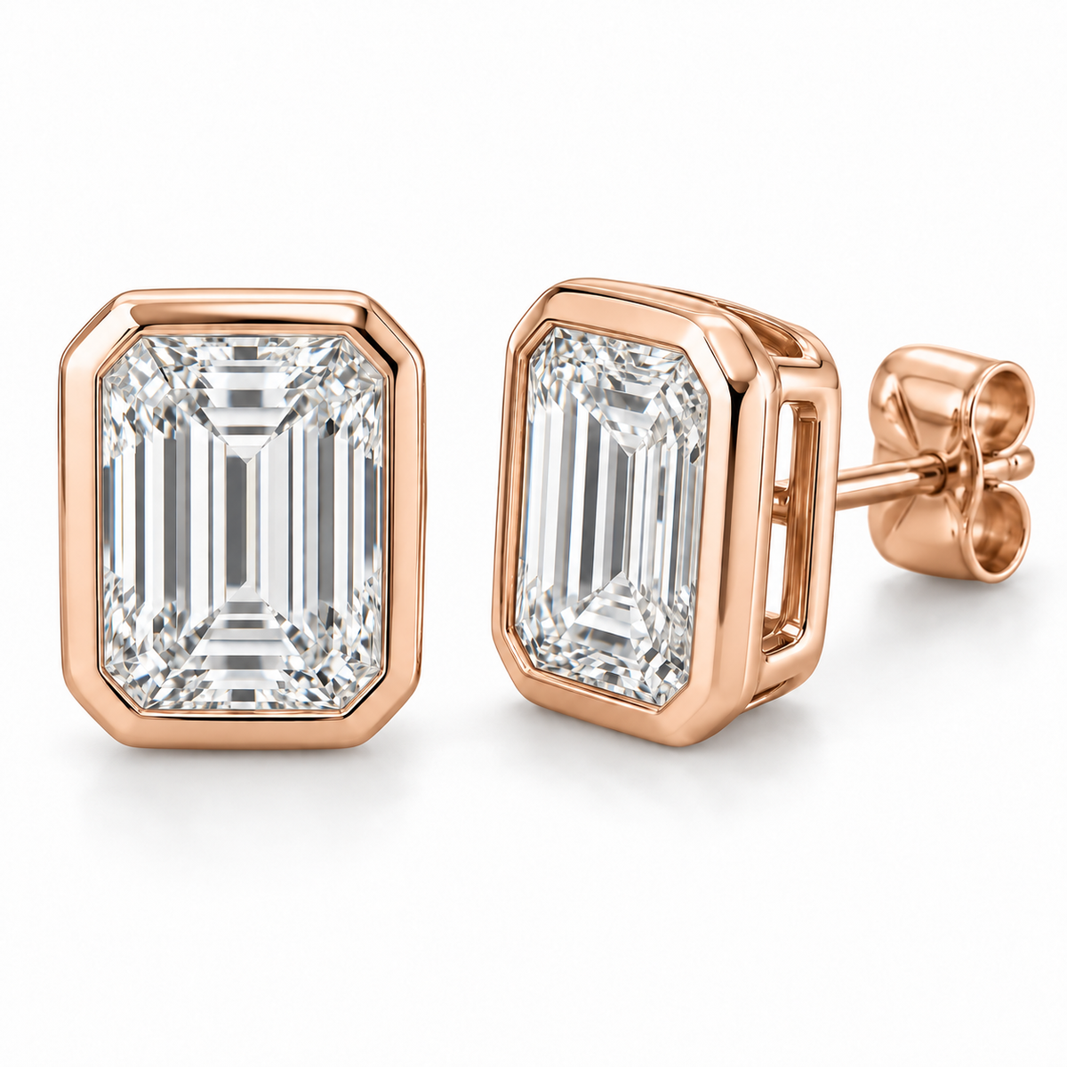 Sculpted Bezel lab diamond studs, Emerald, 14K Rose Gold — front and angled pair view, illustrative design rendering