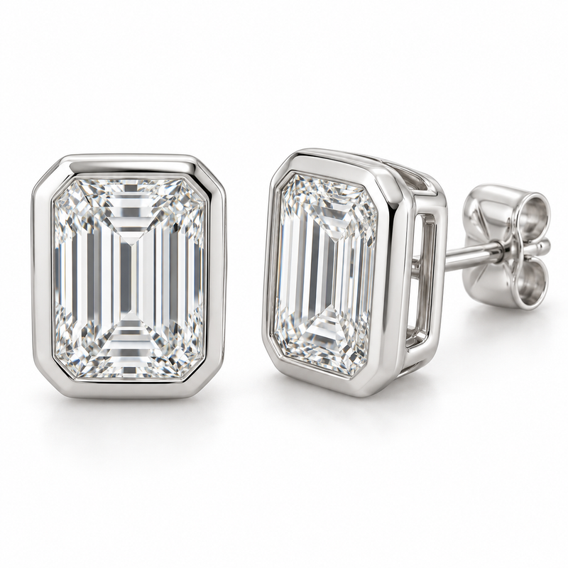 sculpted lab diamond studs, Emerald, 14K white gold — illustrative design rendering