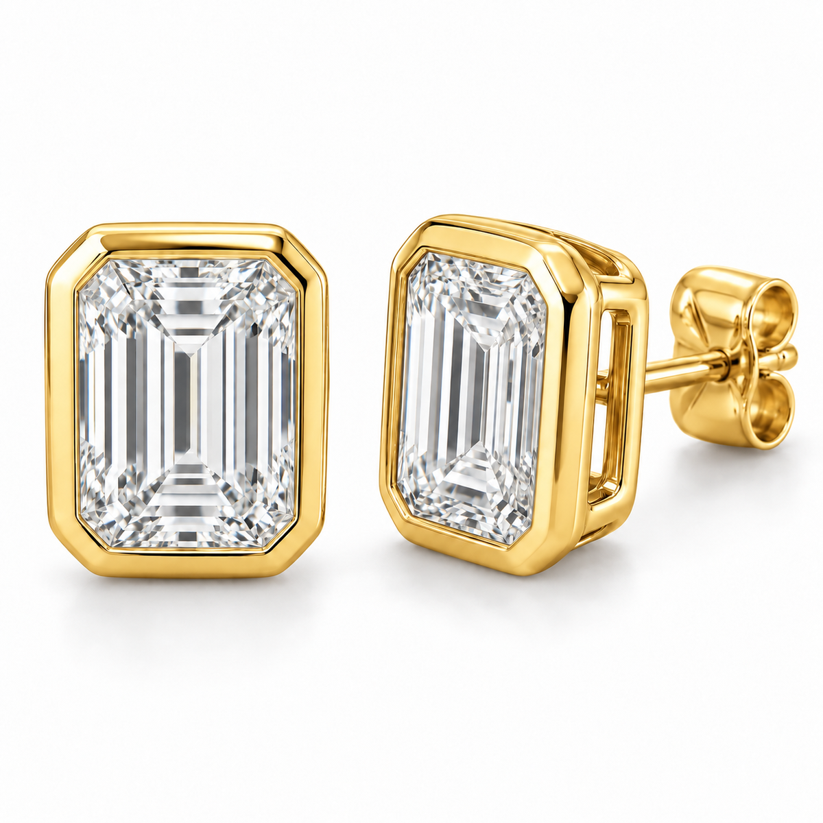 Sculpted Bezel lab diamond studs, Emerald, 14K Yellow Gold — front and angled pair view, illustrative design rendering