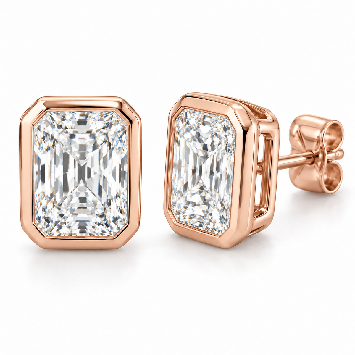 Sculpted Bezel lab diamond studs, Radiant, 14K Rose Gold — front and angled pair view, illustrative design rendering