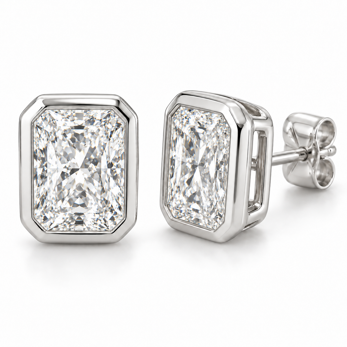 Sculpted Bezel lab diamond studs, Radiant, 14K White Gold — front and angled pair view, illustrative design rendering