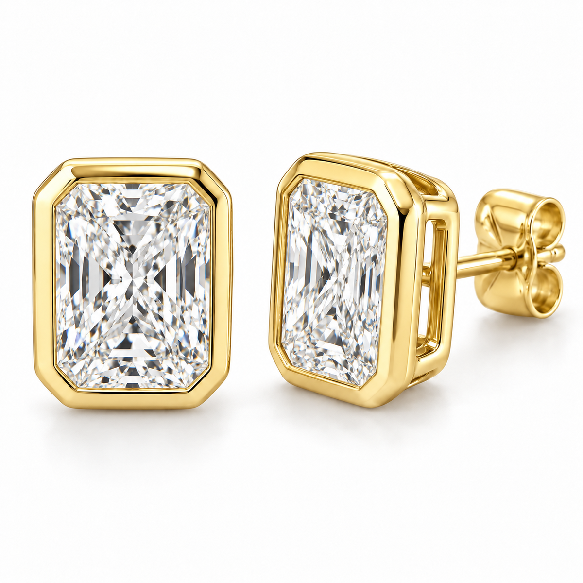 Sculpted Bezel lab diamond studs, Radiant, 14K Yellow Gold — front and angled pair view, illustrative design rendering