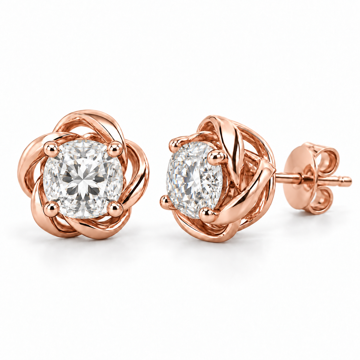 Twisted Floral lab diamond studs, Cushion, 14K Rose Gold — front and angled pair view, illustrative design rendering