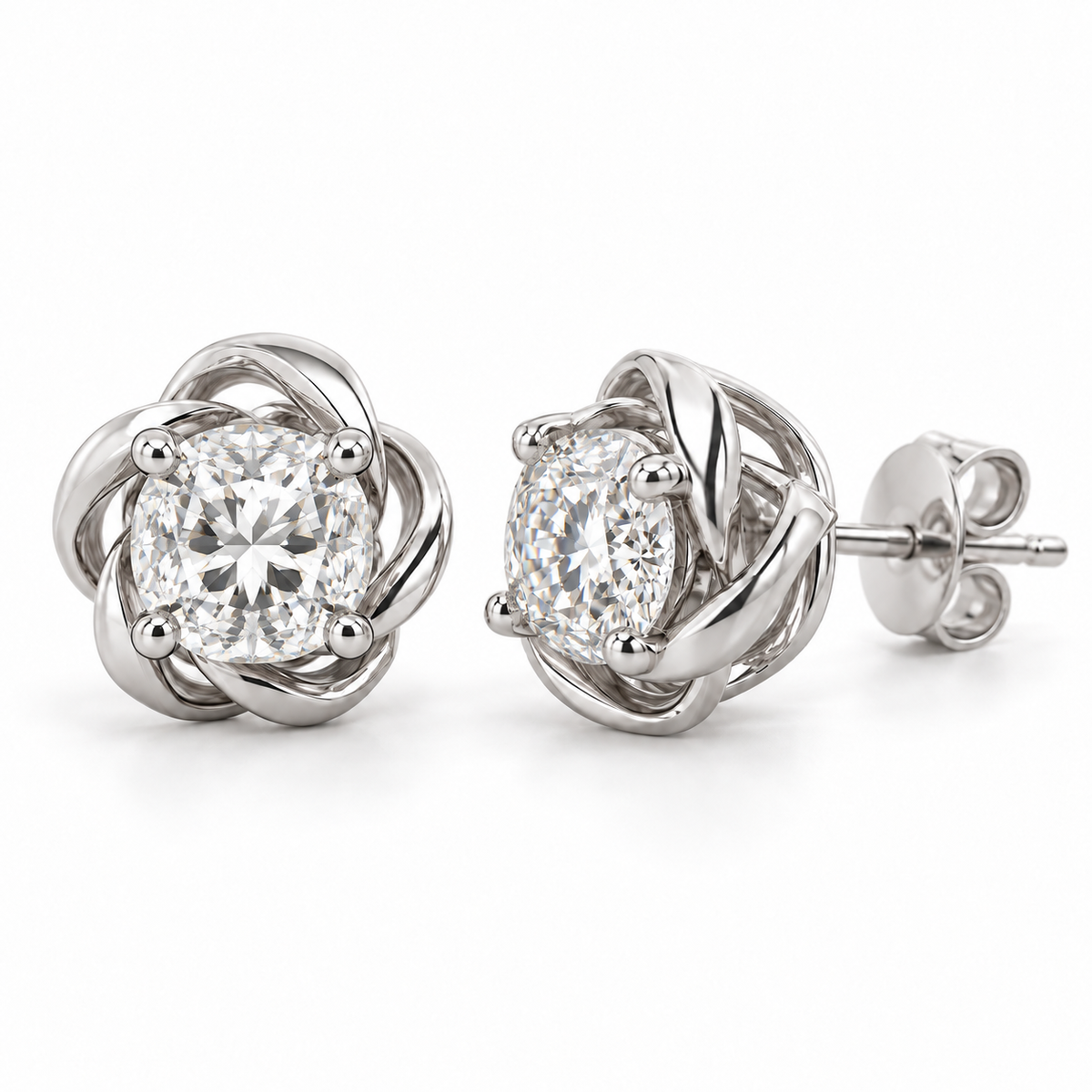 Twisted Floral lab diamond studs, Cushion, 14K White Gold — front and angled pair view, illustrative design rendering