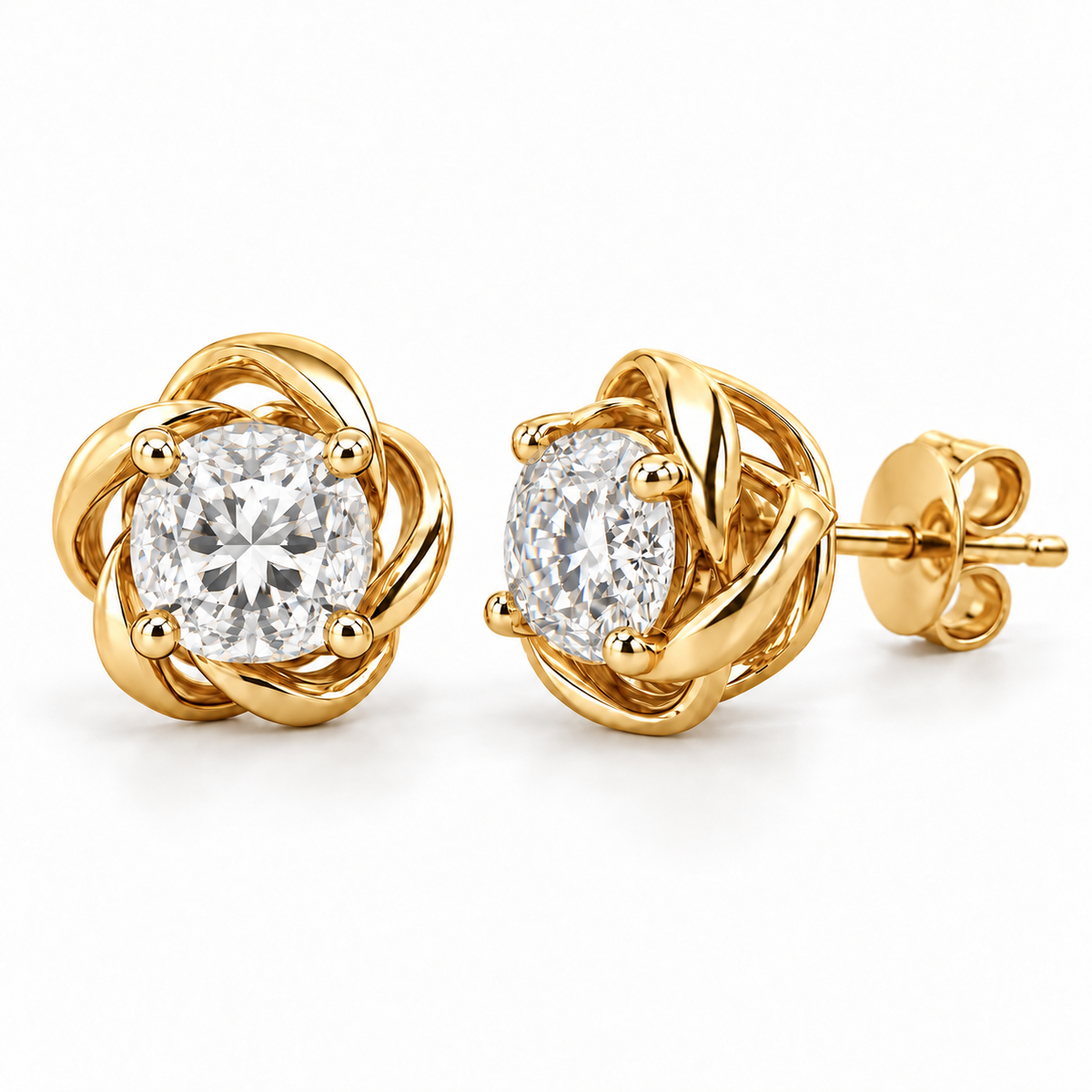 Twisted Floral lab diamond studs, Cushion, 14K Yellow Gold — front and angled pair view, illustrative design rendering
