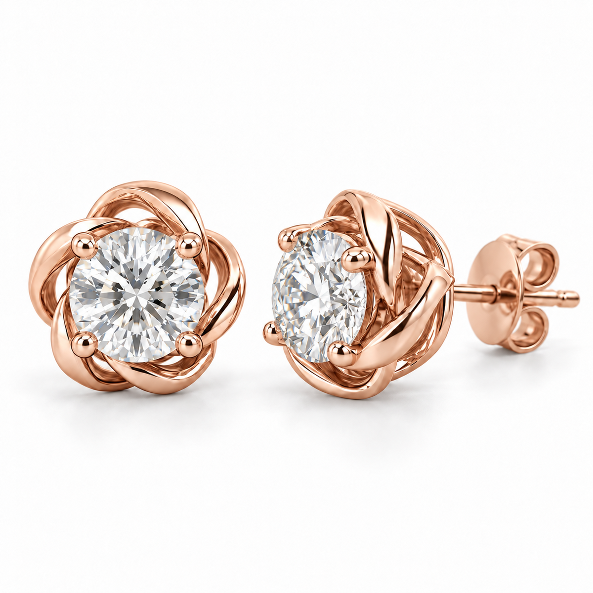 Twisted Floral lab diamond studs, Round, 14K Rose Gold — front and angled pair view, illustrative design rendering
