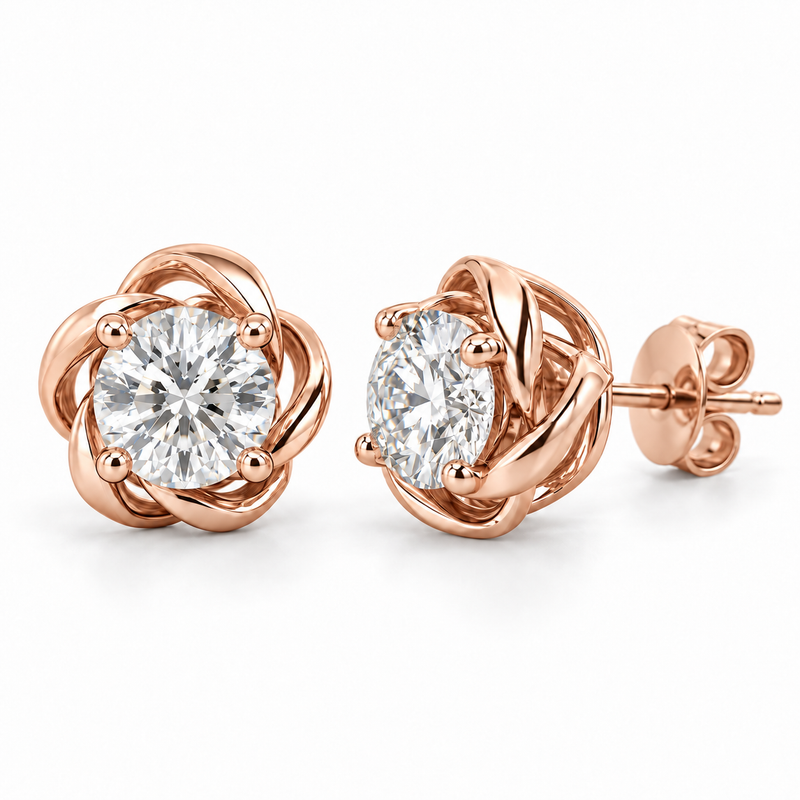 Twisted Floral lab diamond studs, Round, 14K Rose Gold — front and angled pair view, illustrative design rendering