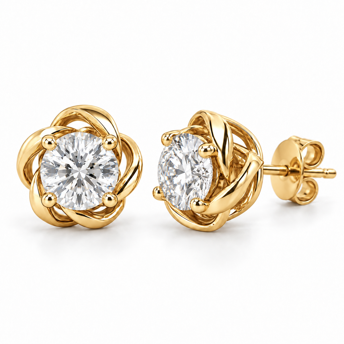Twisted Floral lab diamond studs, Round, 14K Yellow Gold — front and angled pair view, illustrative design rendering