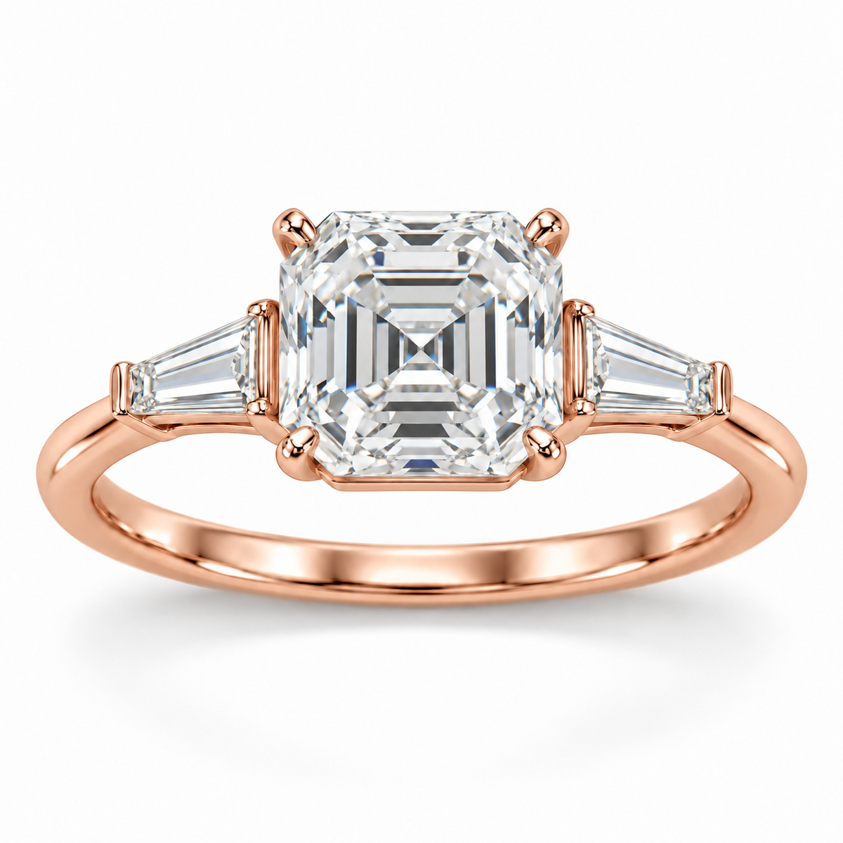 Asscher tapered baguette engagement ring in 14K rose gold — illustrative render