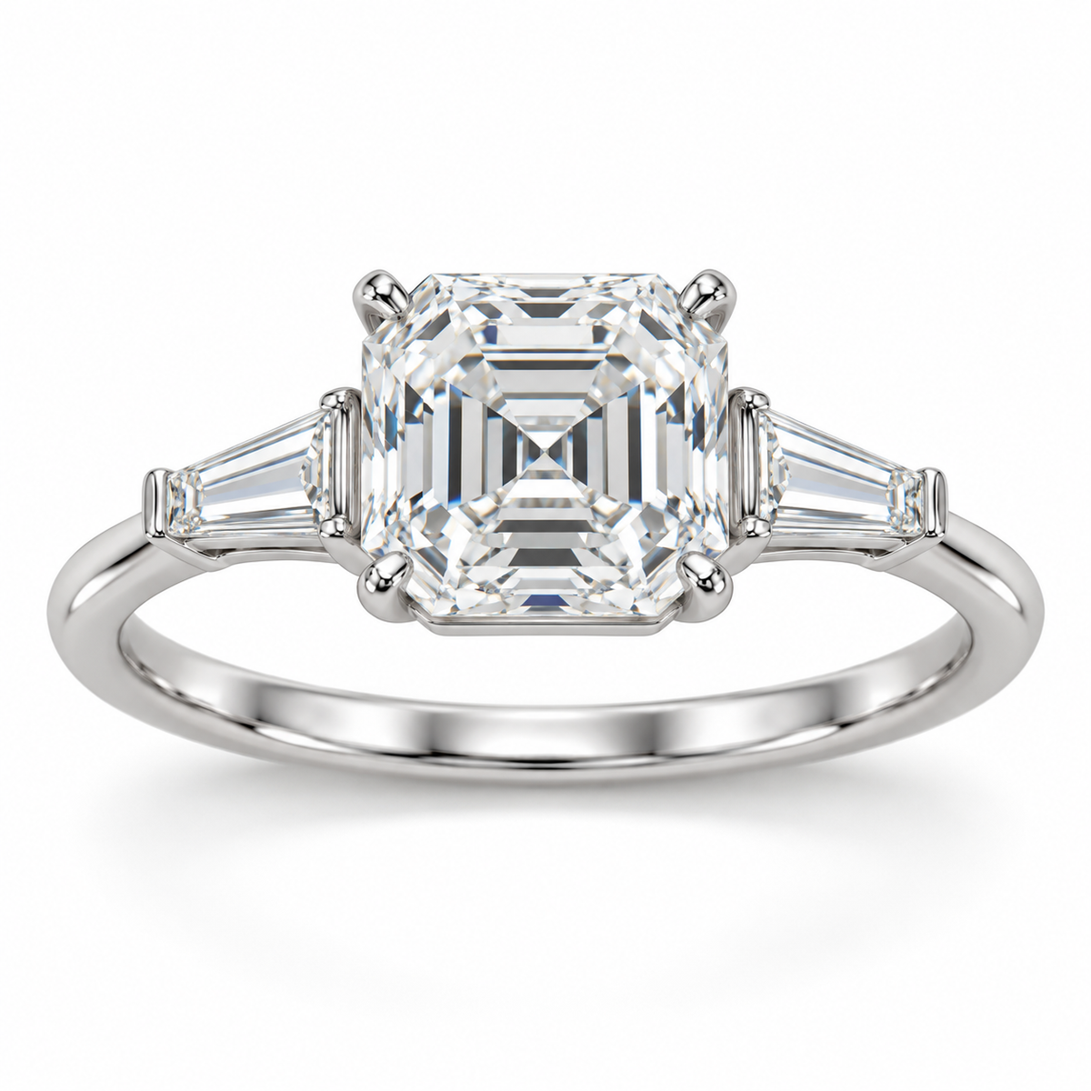 Asscher tapered baguette engagement ring in 14K white gold — illustrative render