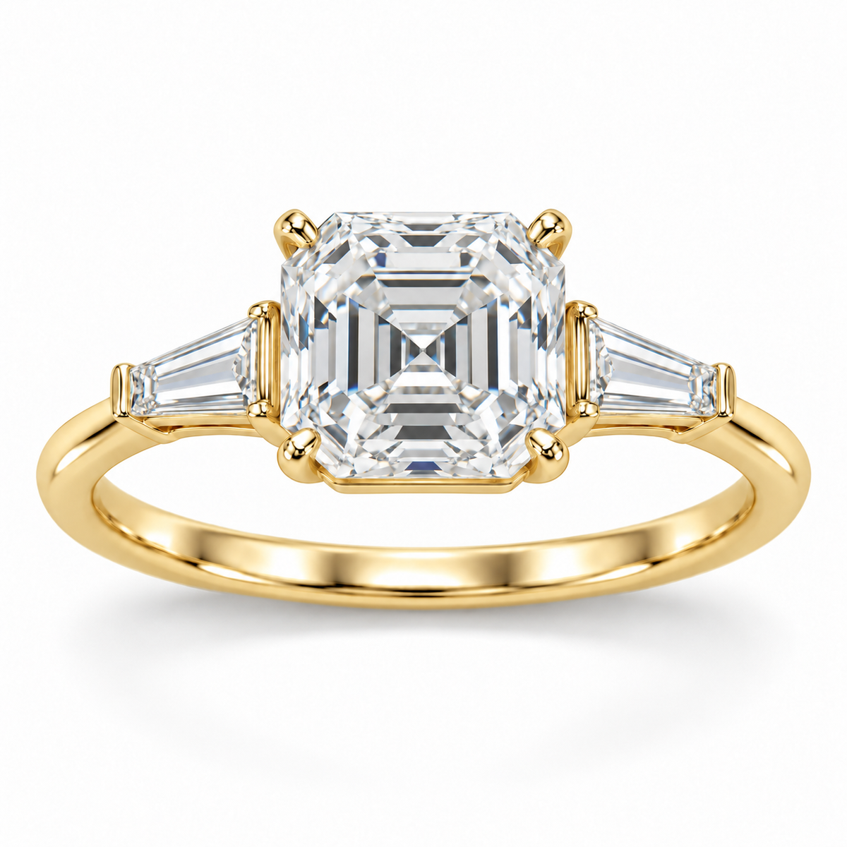 Asscher tapered baguette engagement ring in 14K yellow gold — illustrative render