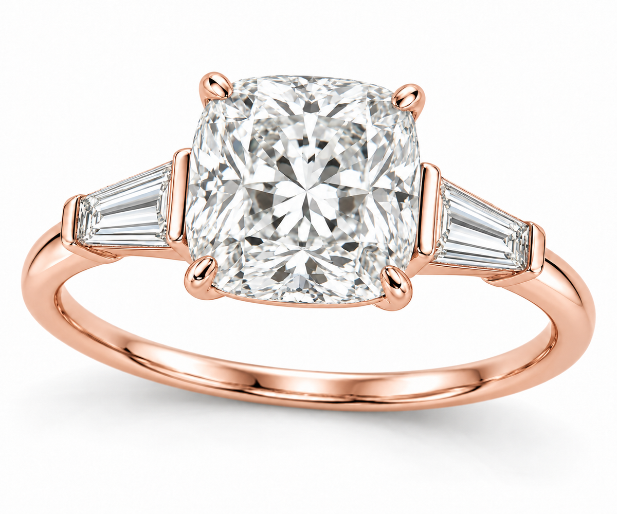 Cushion tapered baguette engagement ring in 14K rose gold — illustrative render
