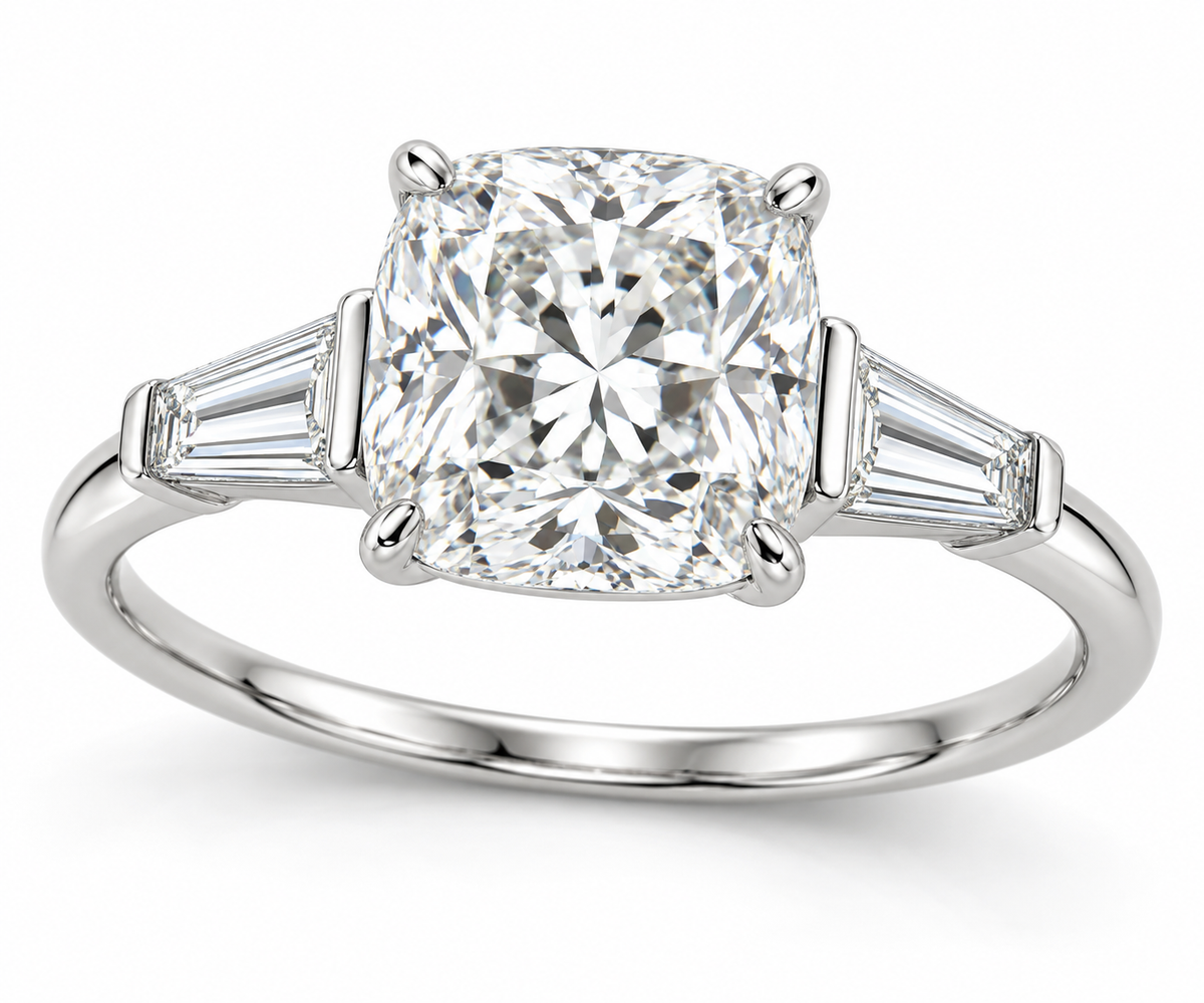 Cushion tapered baguette engagement ring in 14K white gold — illustrative render
