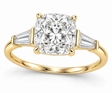Cushion tapered baguette engagement ring in 14K yellow gold — illustrative render