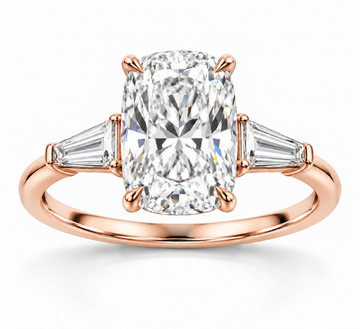 Elongated Cushion tapered baguette engagement ring in 14K rose gold — illustrative render