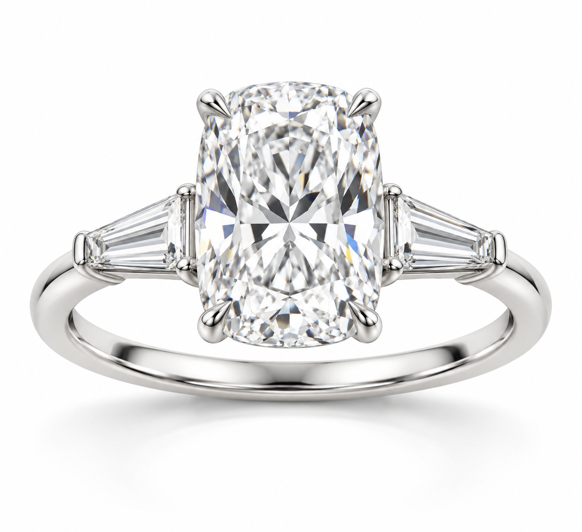 Elongated Cushion tapered baguette engagement ring in 14K white gold — illustrative render