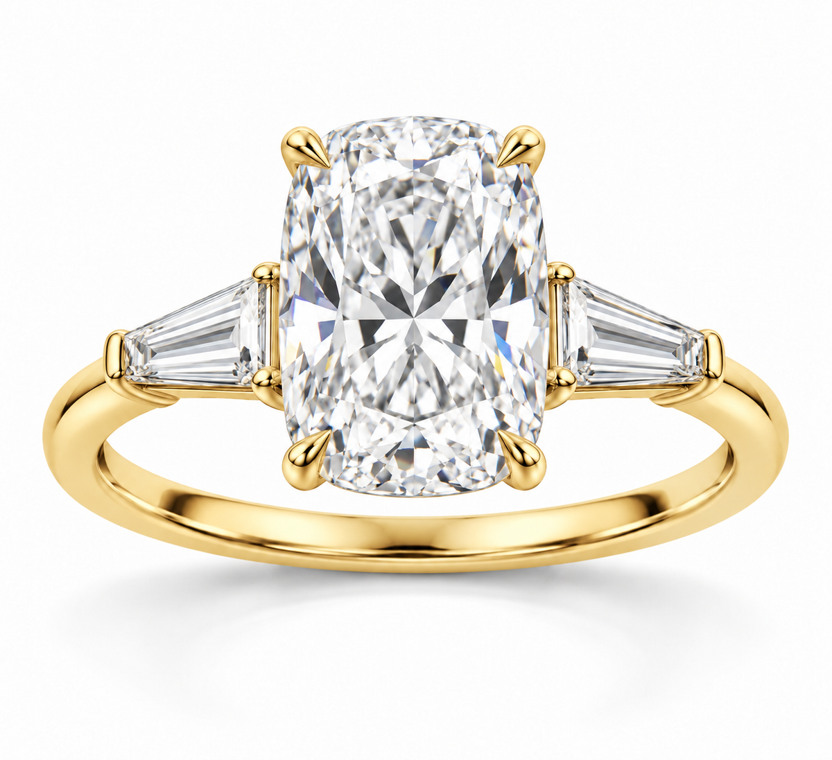 Elongated Cushion tapered baguette engagement ring in 14K yellow gold — illustrative render