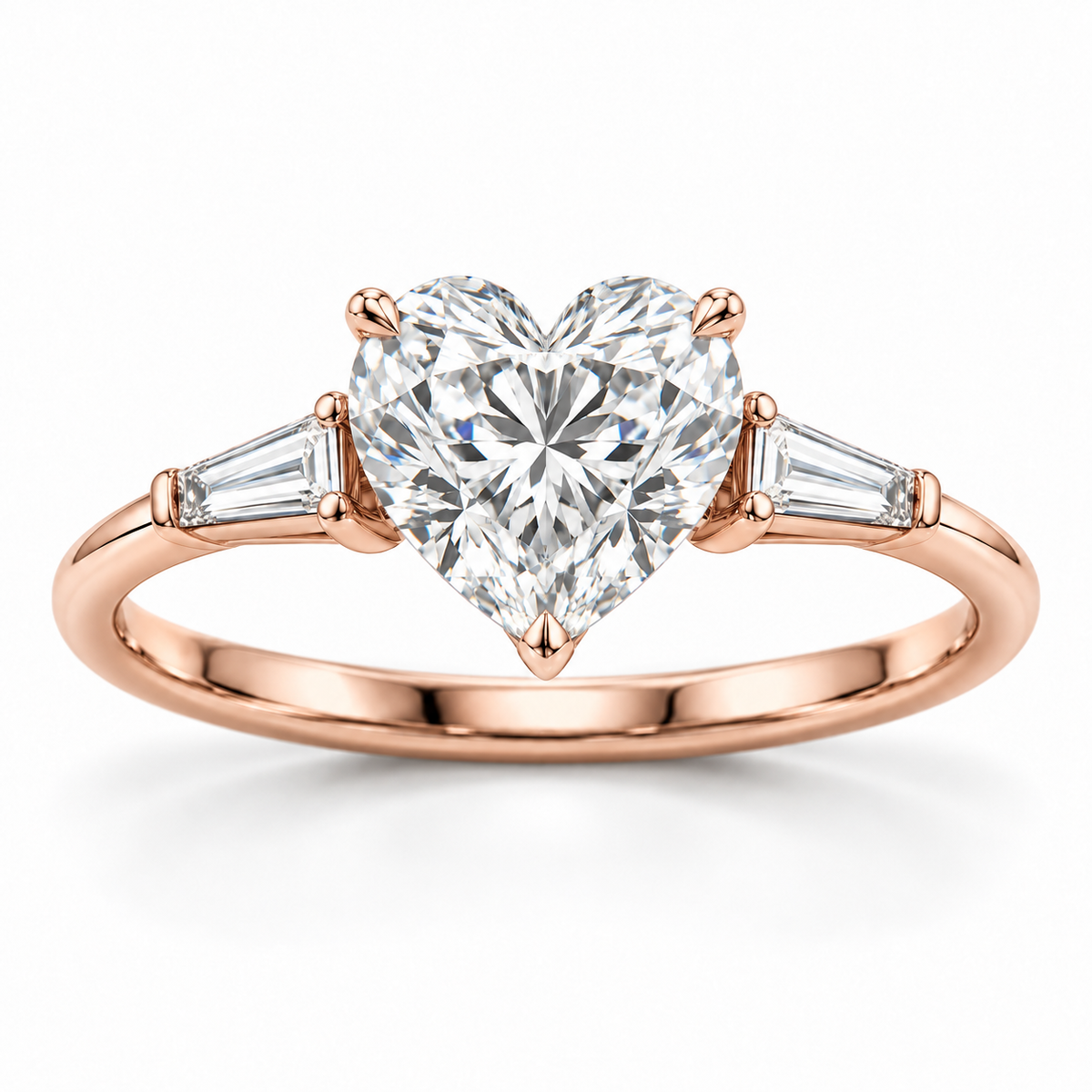 Heart tapered baguette engagement ring in 14K rose gold — illustrative render