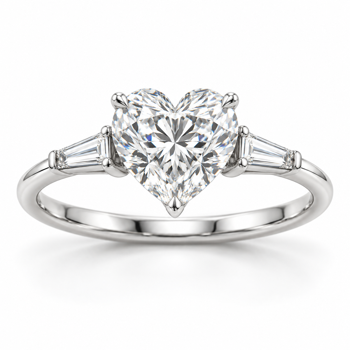 Heart tapered baguette engagement ring in 14K white gold — illustrative render