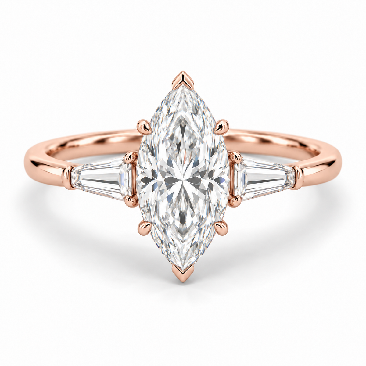Marquise tapered baguette engagement ring in 14K rose gold — illustrative render