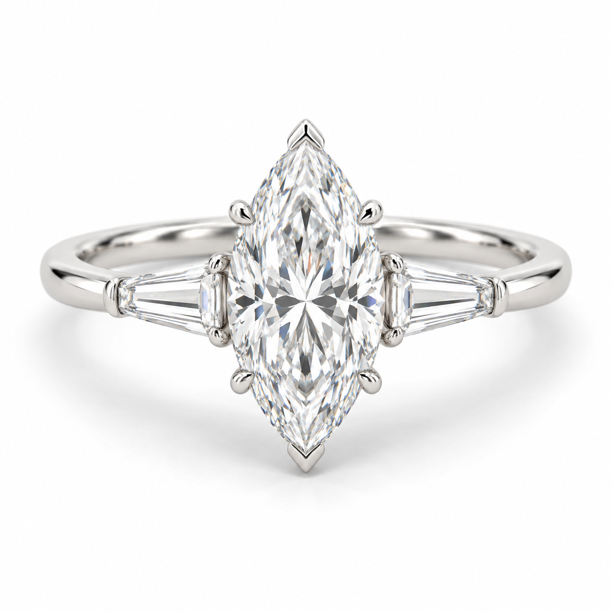 Marquise tapered baguette engagement ring in 14K white gold — illustrative render