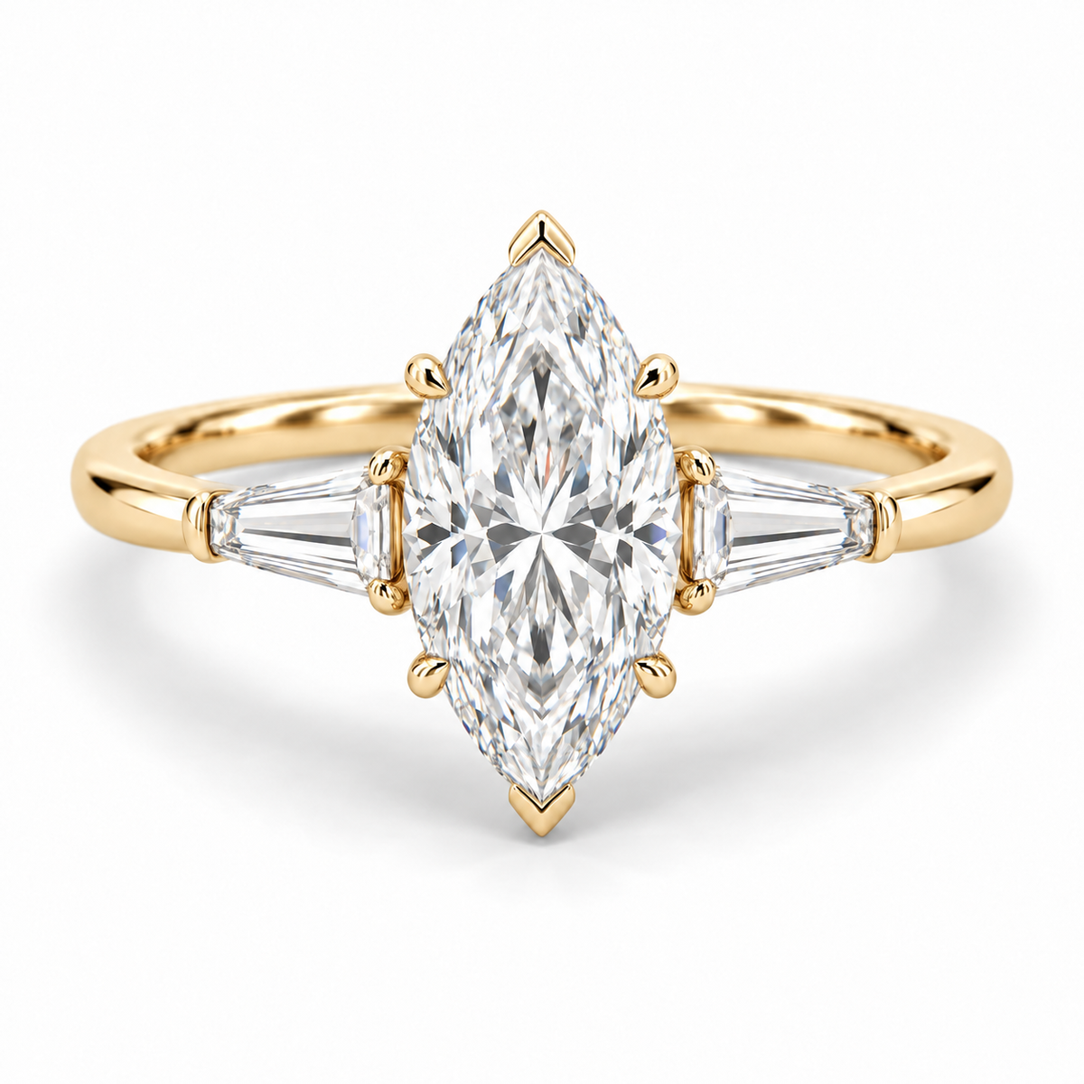 Marquise tapered baguette engagement ring in 14K yellow gold — illustrative render