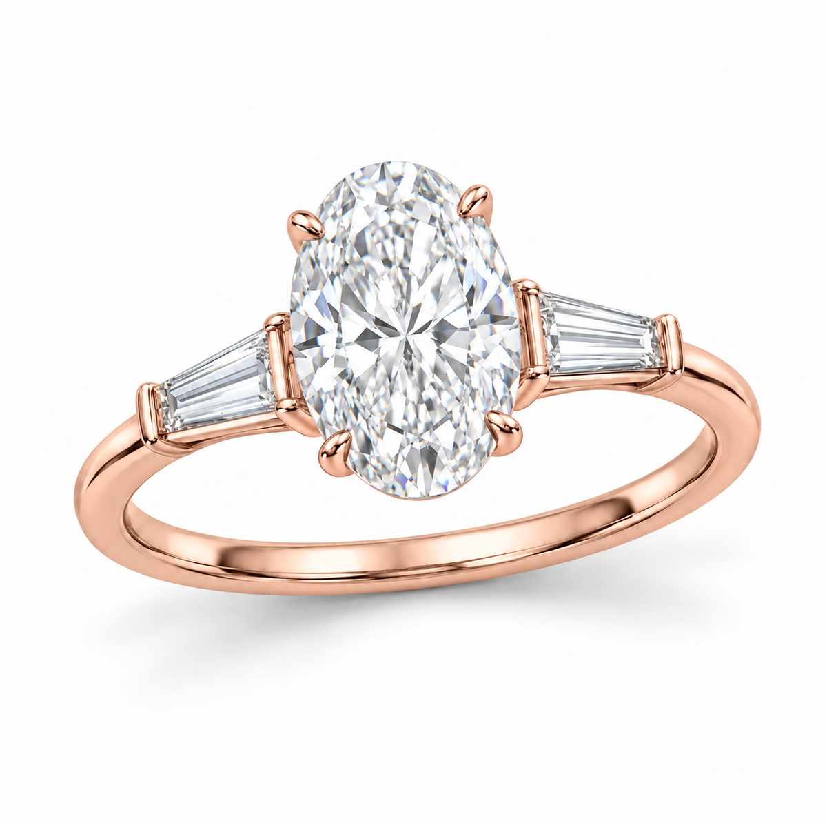 Oval tapered baguette engagement ring in 14K rose gold — illustrative render