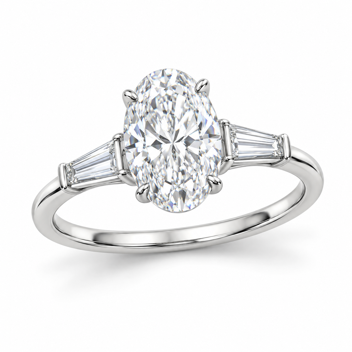 Oval tapered baguette engagement ring in 14K white gold — illustrative render