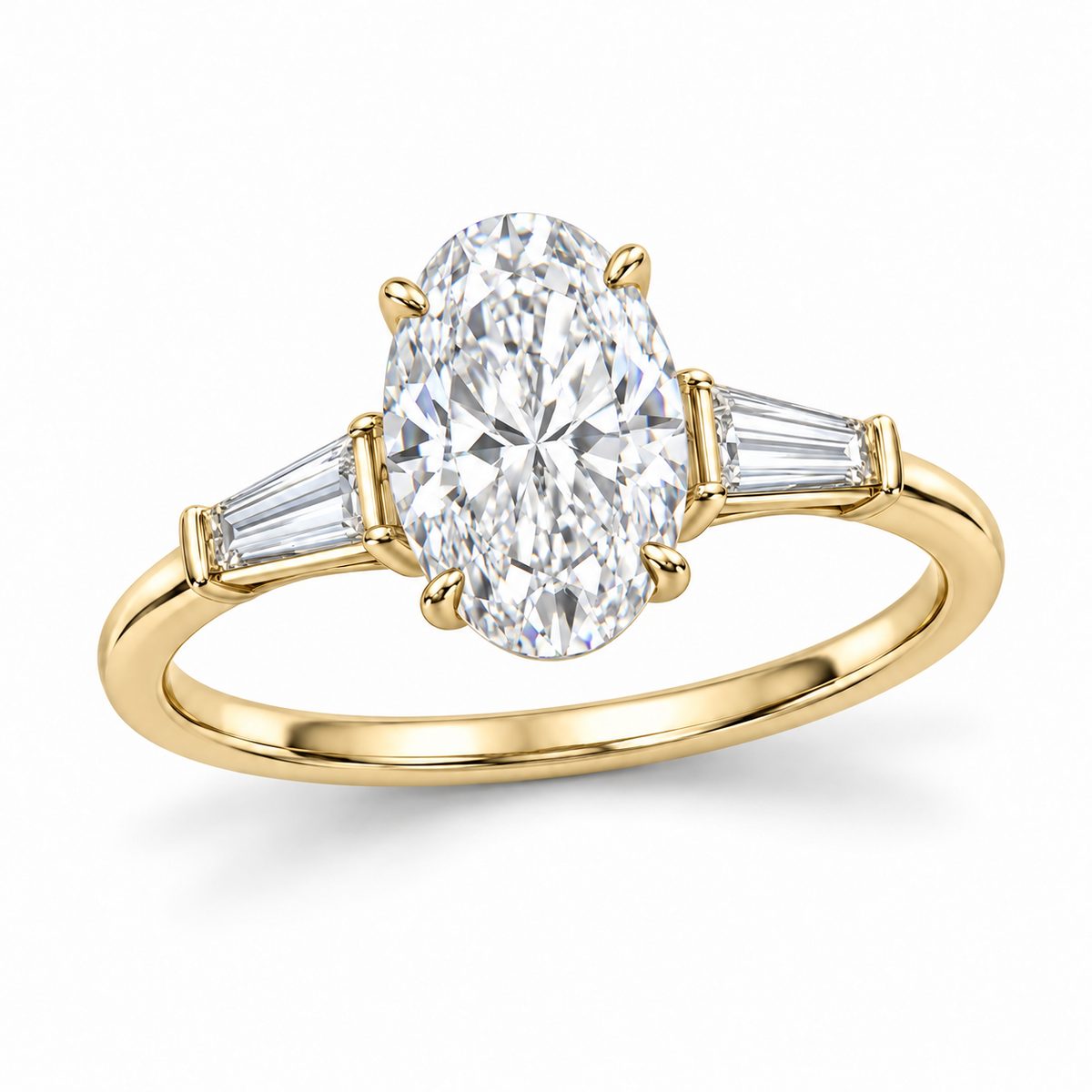 Oval tapered baguette engagement ring in 14K yellow gold — illustrative render