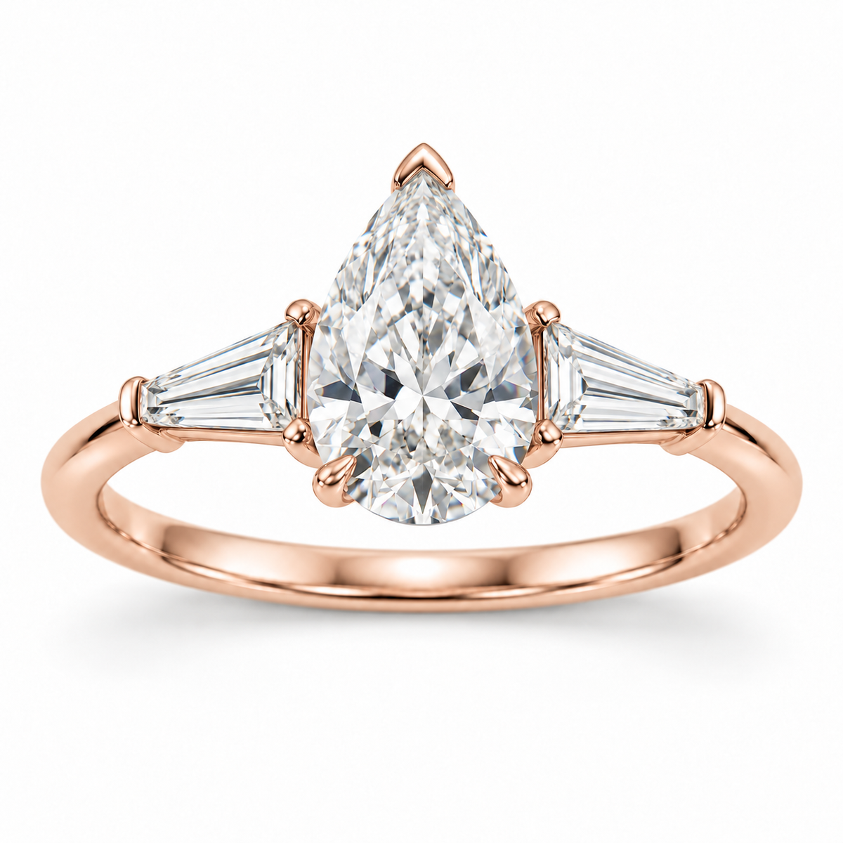 Pear tapered baguette engagement ring in 14K rose gold — illustrative render