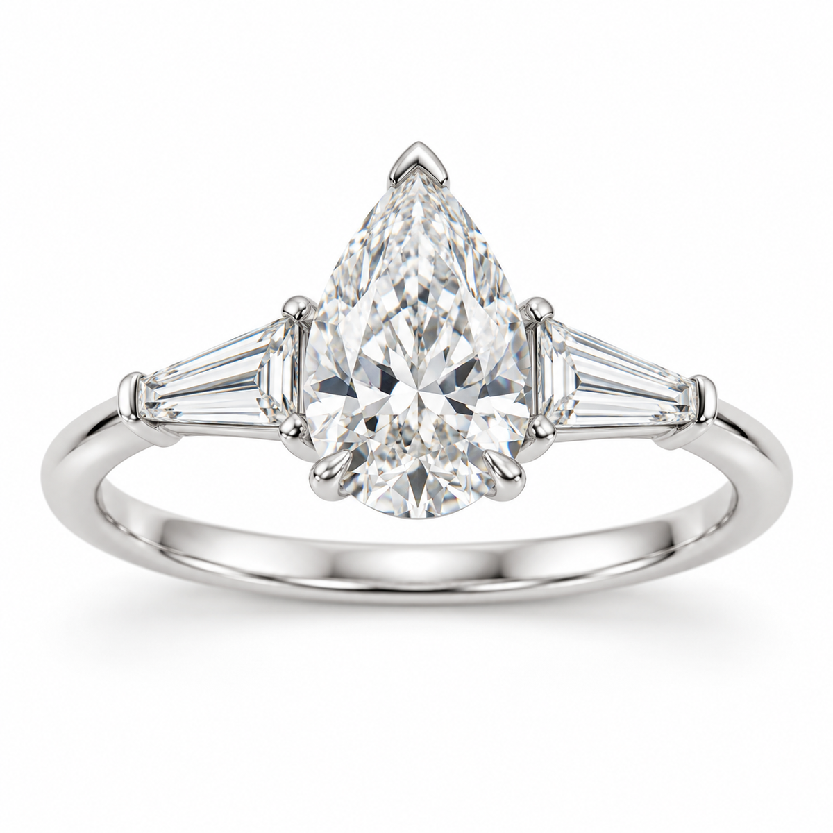 Pear tapered baguette engagement ring in 14K white gold — illustrative render