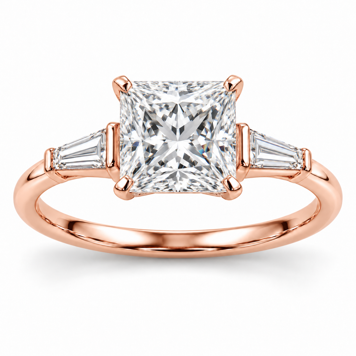 Princess tapered baguette engagement ring in 14K rose gold — illustrative render