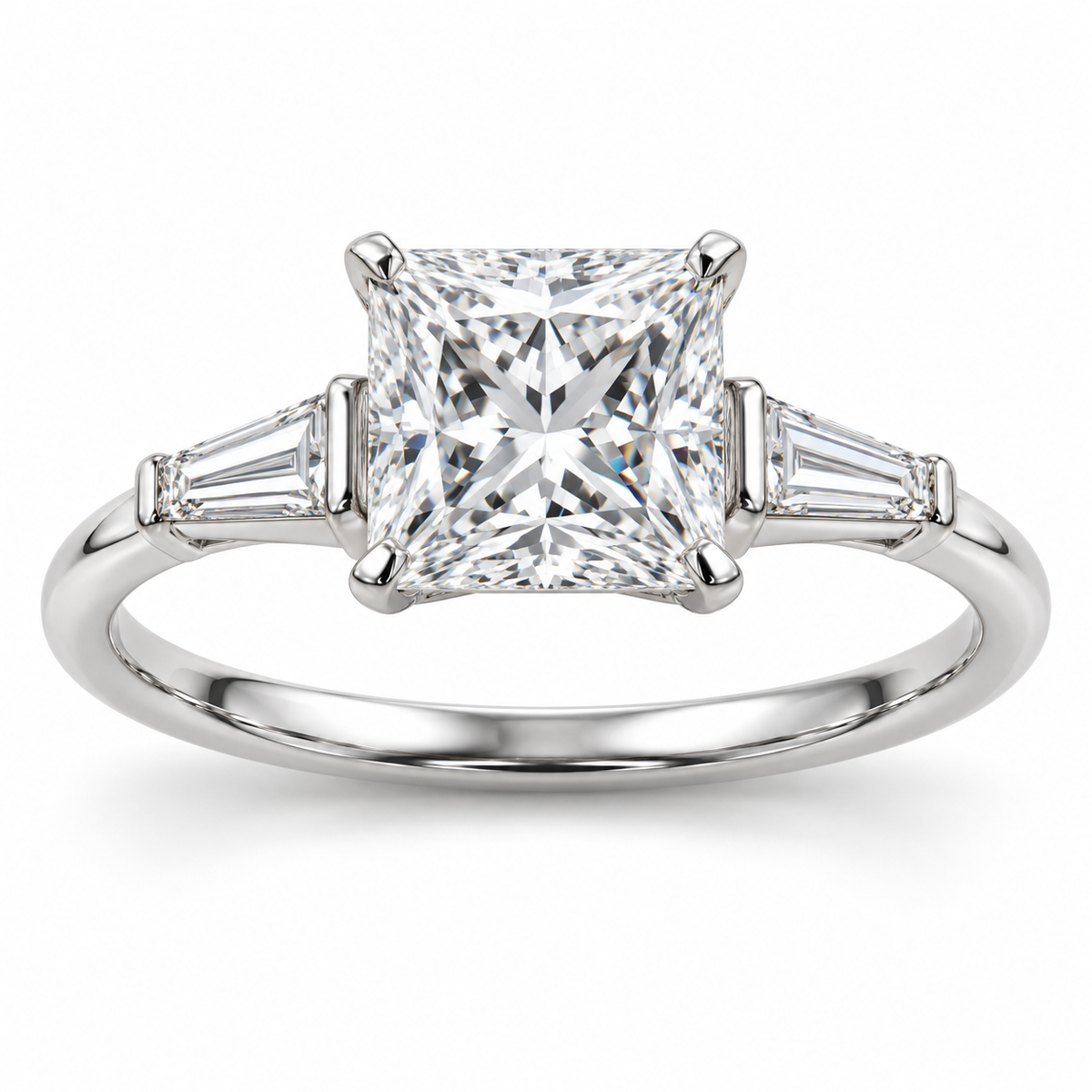 Princess tapered baguette engagement ring in 14K white gold — illustrative render