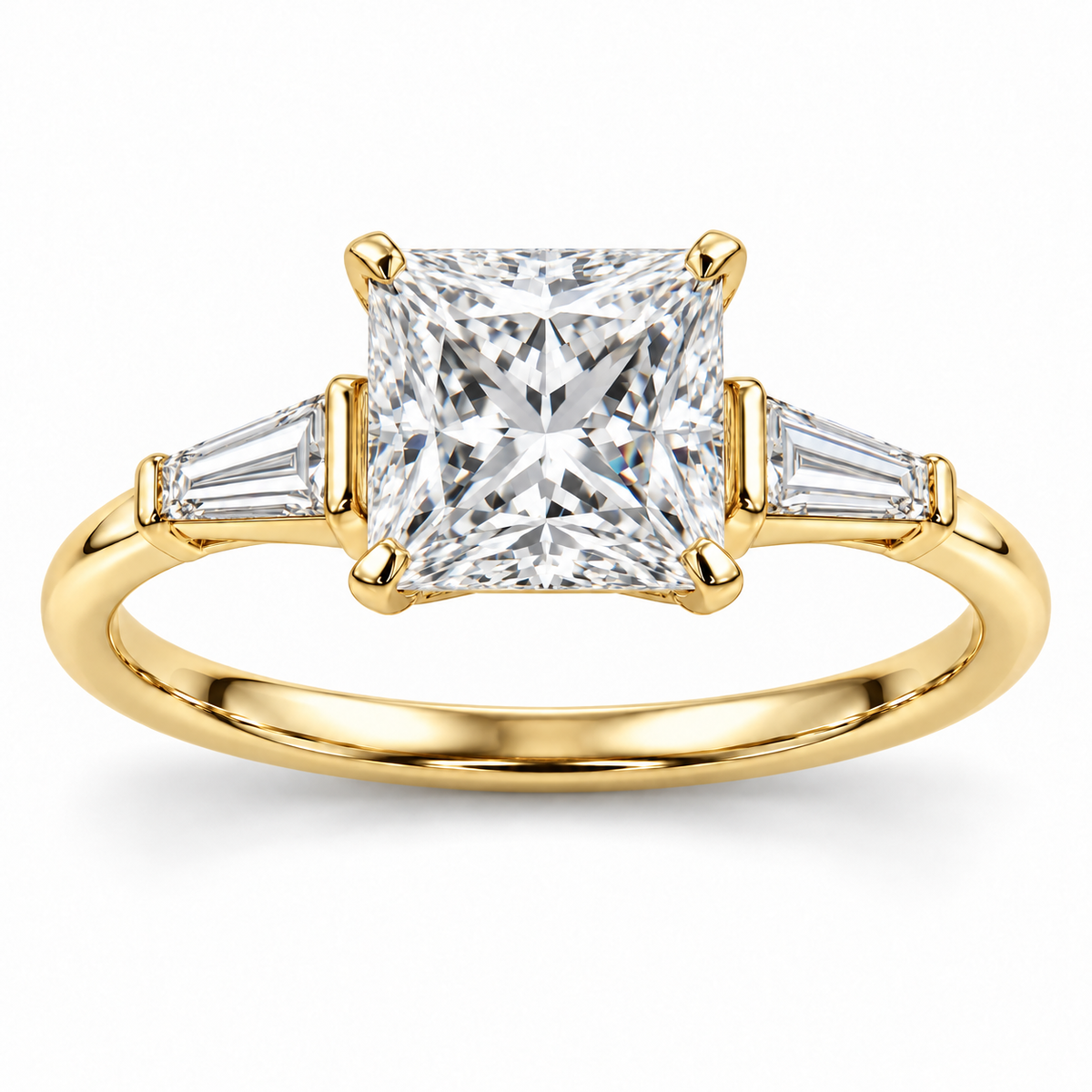 Princess tapered baguette engagement ring in 14K yellow gold — illustrative render