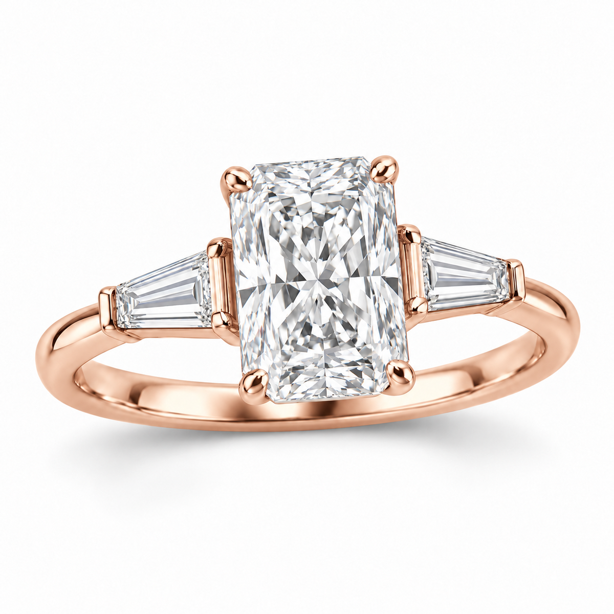 Radiant tapered baguette engagement ring in 14K rose gold — illustrative render