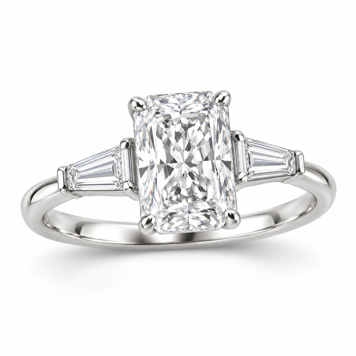 Radiant tapered baguette engagement ring in 14K white gold — illustrative render