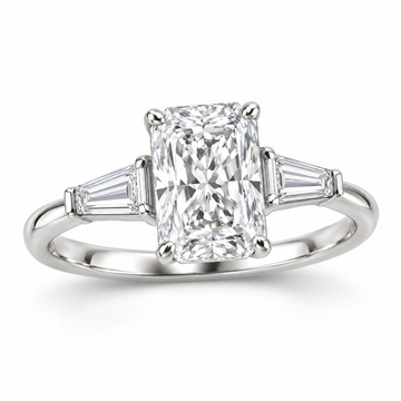 Radiant tapered baguette engagement ring in 14K white gold — illustrative render
