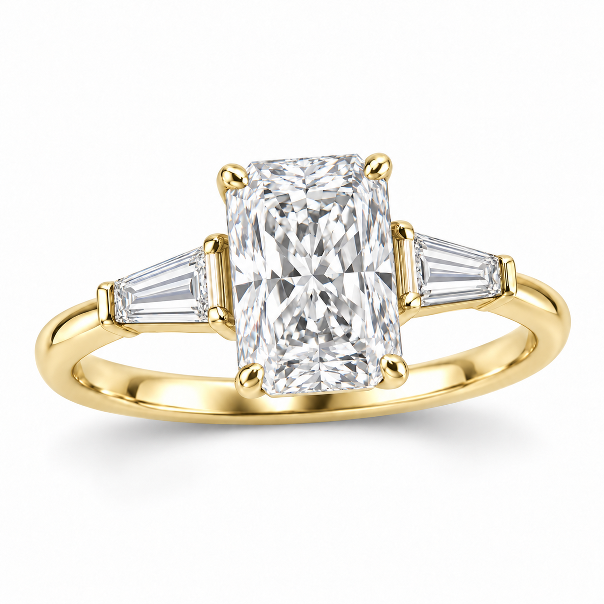 Radiant tapered baguette engagement ring in 14K yellow gold — illustrative render
