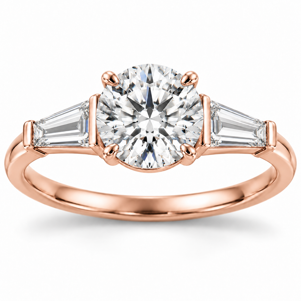Round tapered baguette engagement ring in 14K rose gold — illustrative render