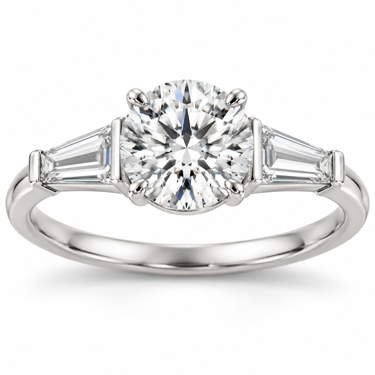 Round tapered baguette engagement ring in 14K white gold — illustrative render