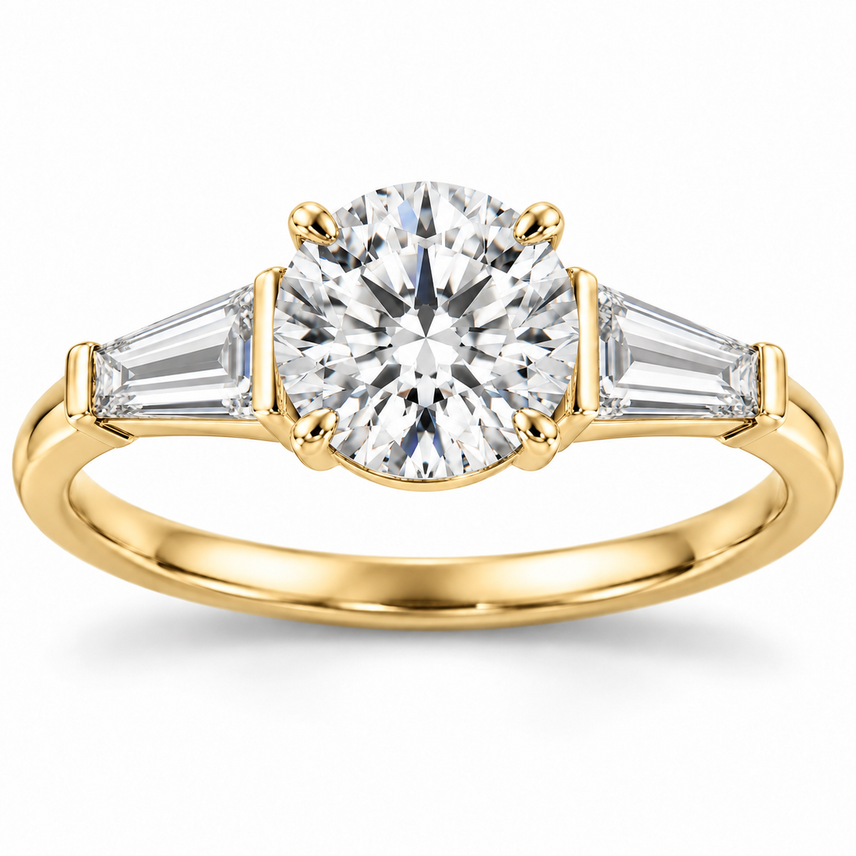 Round tapered baguette engagement ring in 14K yellow gold — illustrative render